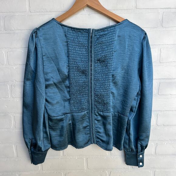 I. Madeline Blue Satin Lace Up Hook and Eye Cuff Sleeves Short Top Blouse -sz M - Picture 2 of 8